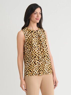 Kasper Women Brown Animal Print Sleeveless Knot-Neck Top Petite Size PM NWT